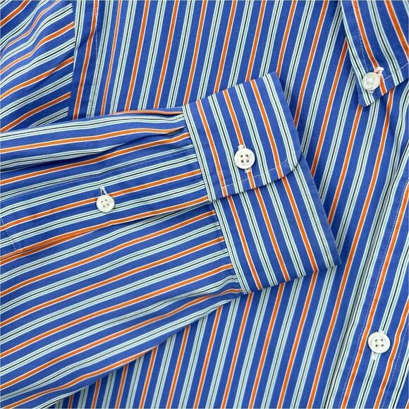 Polo Ralph Lauren Shirt Mens Small Button Up Blue Orange Bar Stripe 120s Poplin - Picture 3 of 8